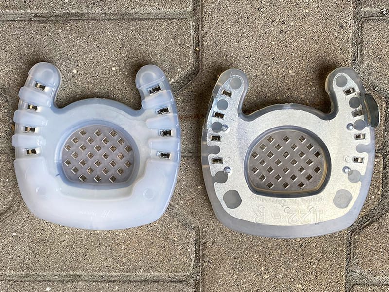 Open-toed composite shoe, colloquially also known as laminitis shoe - a comparison of the hoof side and bottom side