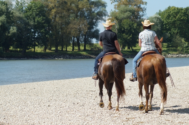 Dos jinetes en la gravilla junto al Danubio.